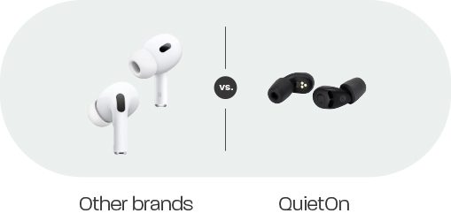 A comparison graphic shows white and black sleep earbuds side by side, with QuietOn labeled against other brands.